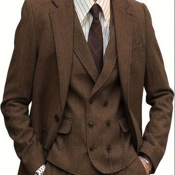 Riolio Polyester Blend Men'S 3pcs Suit Set - Vintage Herringbone Party Suit with Lapel Collar, Non-Stretch Fabric, Solid Color, Long Sleeve, Fall/Winter Season, Button-Front Details, Regular Fit Pants, and Vest - Woven Polyes